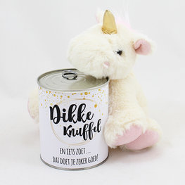 Knuffel eenhoorn met snoepblik